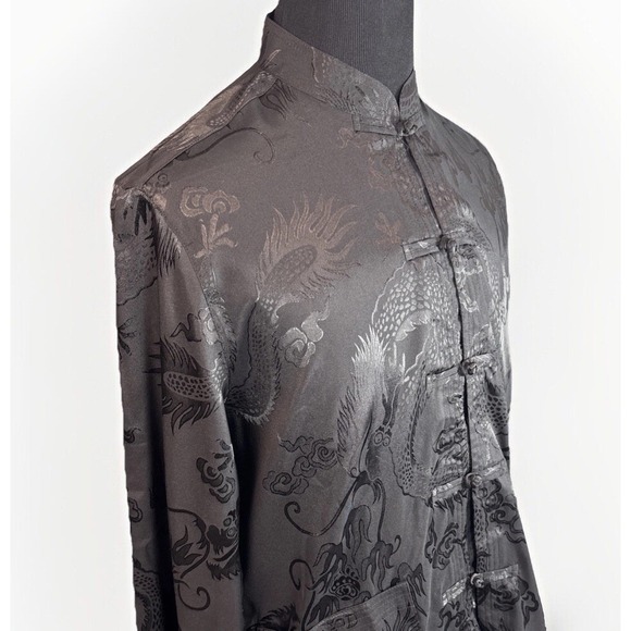 Traditional Chinese Black Dragon Shirt Tang Mens XL Long Sleeve Pocket Mandarin - Picture 1 of 12
